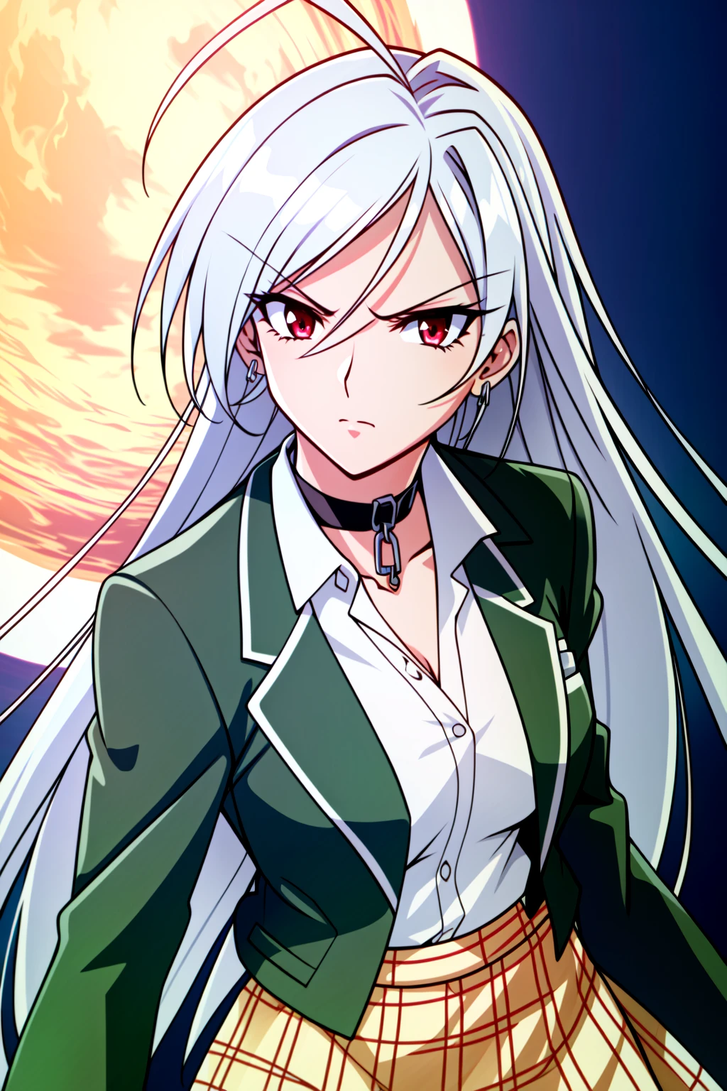 masterpiece, best quality, <lora:akashiyamoka-nvwls-v1-000008:0.8> innermoka, silver hair, red eyes, choker, cross chain, cleavage, green blazer, green jacket, plaid skirt, large breasts, furrowed brow, smirk, red sky, standing, looking at viewer
