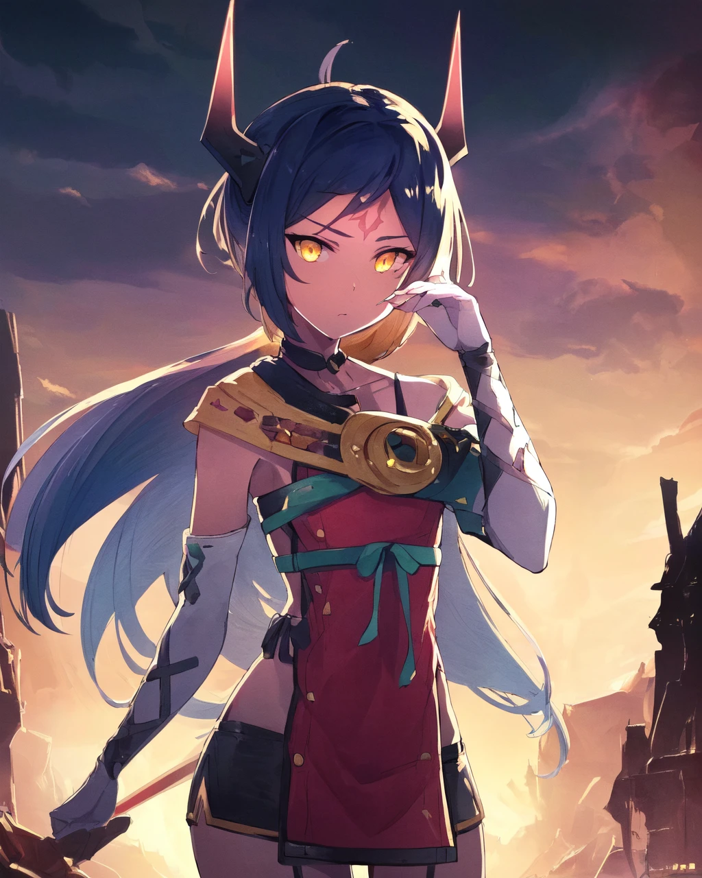<lora:e7 ARavi:0.95> e7 ARavi, yellow eyes, flat chest,, (masterpiece), best quality, highres, 4k, 8k, Detailed Illustration, intricate detail, cinematic lighting, amazing quality, 1girl, fit female, amazing shading, soft lighting, facing camera, perfect eyes