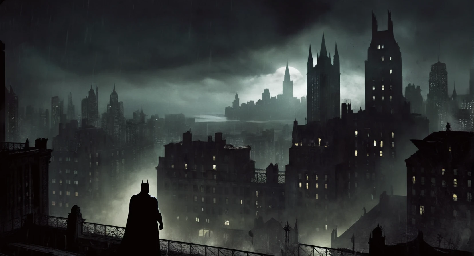 Dark Fantasy Art of <lora:Gotham City:1.2>
Gotham City a batman scene with a city in the background, dark, moody, dark fantasy style