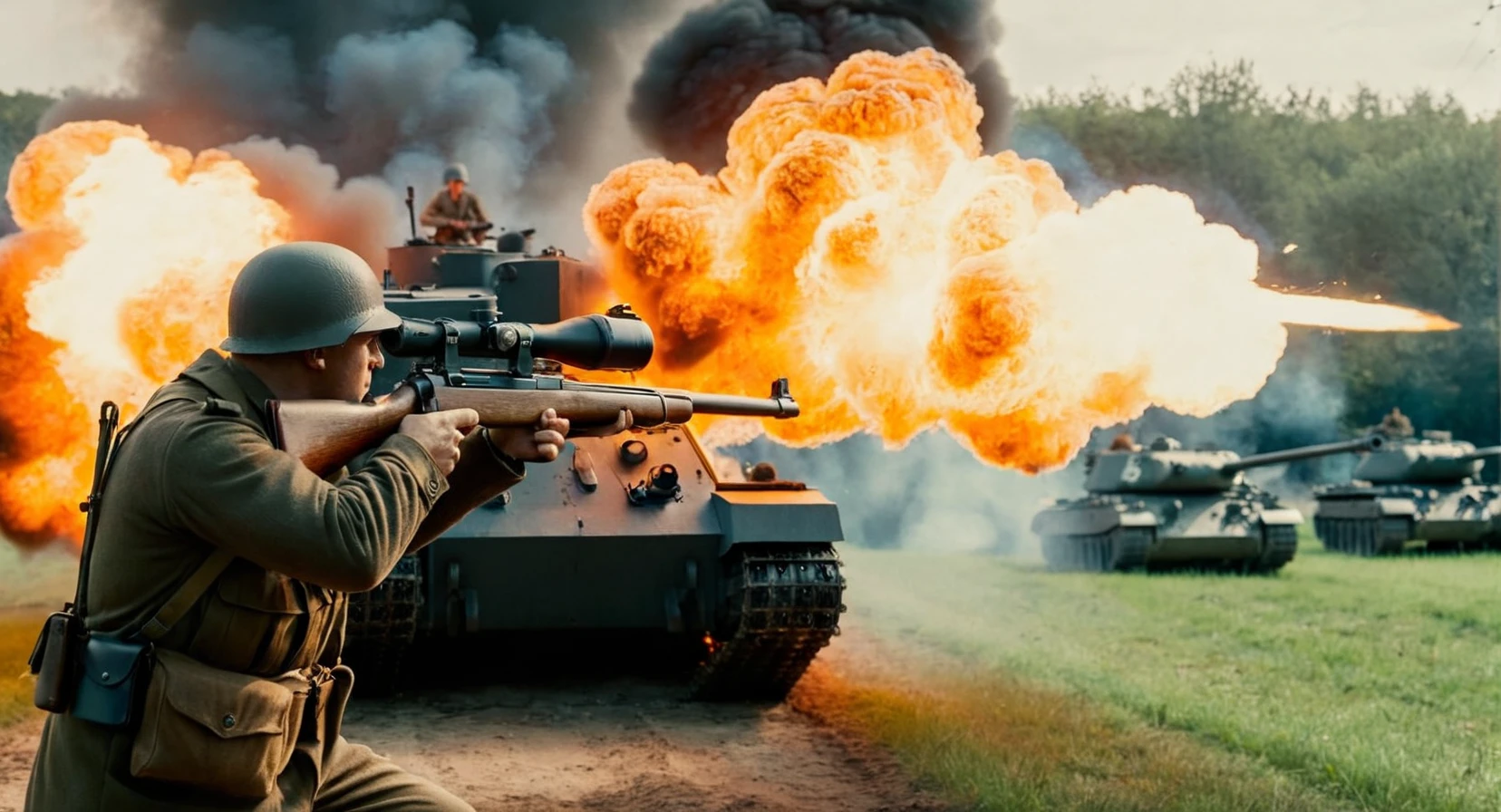 cinematic film still of an epic photo of a man holding aiming a rifle gun near a tank set on big fire with smoke and explosion all around Saving Private Ryan Cinematic Film Style
<lora:Saving Private Ryan Cinematic Film Style:1>
<lora:PerfectEyesXL:1> <lora:lora6:1>
<lora:perfect hands:1>
perfect hands, shallow depth of field, vignette, highly detailed, high budget, bokeh, cinemascope, moody, epic, gorgeous, film grain, grainy