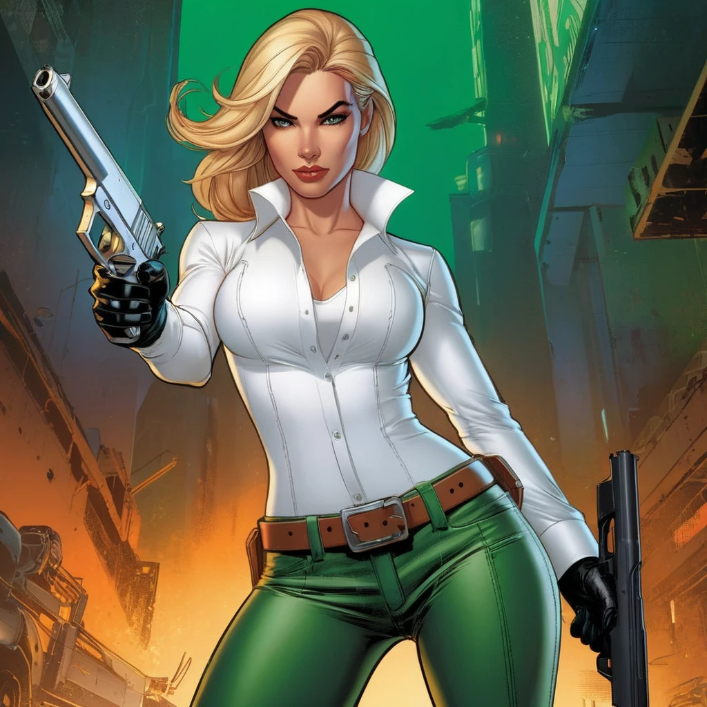 concept art of <lora:Danger Girl:1>
Danger Girl a blonde woman with white shirt and green leather pants with a gun in her perfect hand
by J. Scott Campbell , digital artwork, illustrative, painterly, matte painting, highly detailed