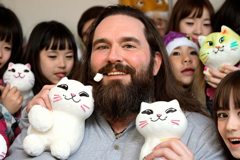 bearded macho man is eating cat-shaped mochi, surrounded by many girls and boys