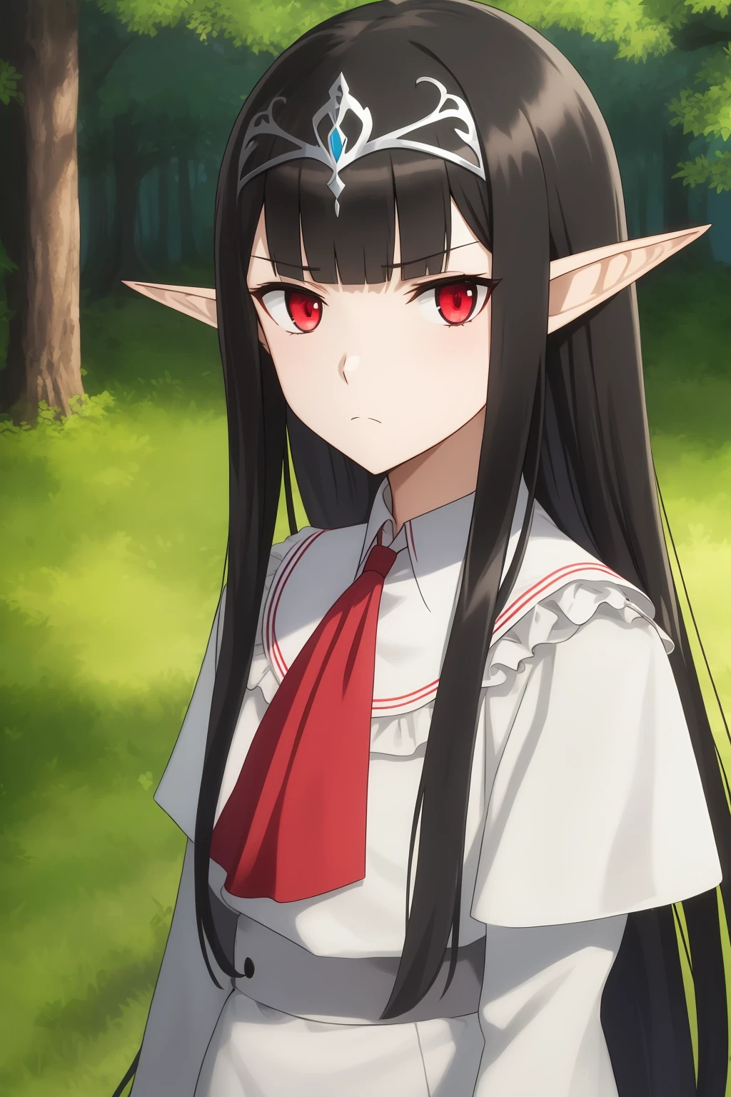 filvis, anime_art_style, 1girl, solo, long_hair, looking_at_viewer, bangs, black_hair, red_eyes, closed_mouth, upper_body, sidelocks, outdoors, pointy_ears, blunt_bangs, tree, ascot, frown, parody, expressionless, tiara, elf, nature, forest