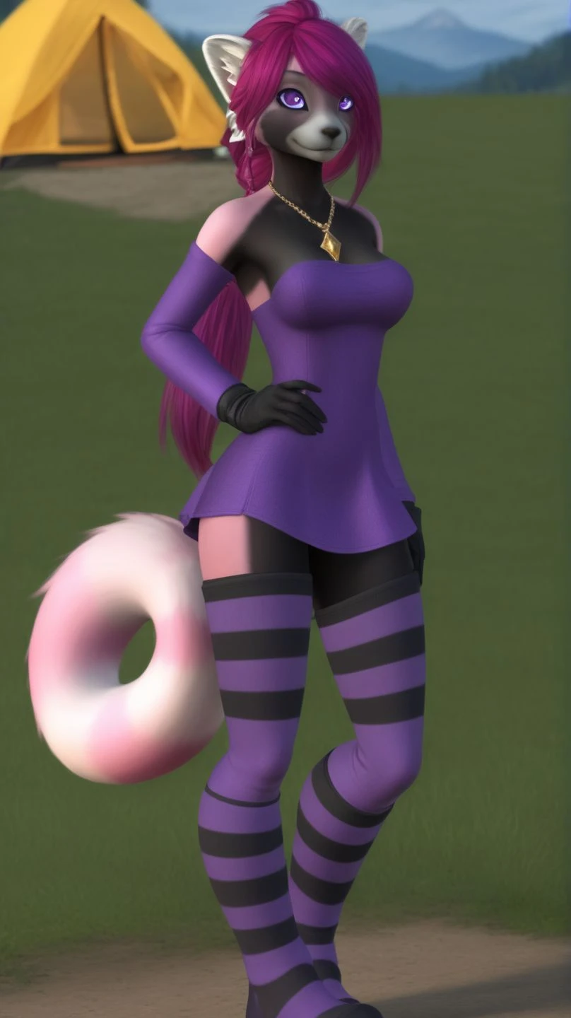(best quality),(highly detailed),masterpiece,detailed face,beautiful face,(detailed eyes, deep eyes),(1girl:1.33, solo),full body,very long hair,earrings,(grin:0.9),navel,purple elbow gloves,purple thighboots,breasts,necklace,side ponytail,jewelry,belt,thighhighs,ponytail,standing,campground,campfire,grass,tent,pond,small head,adult body,<lora:Marusame_OC_Character-000009:1>,dress,