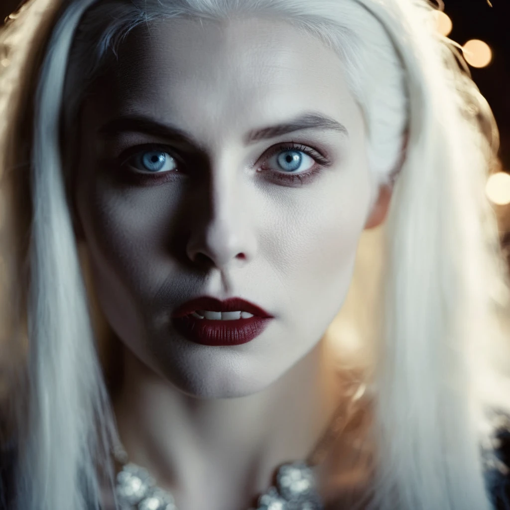 cinematic film still of  <lora:Female Vampire 2:1>
Female Vampire a pale ice cold skin vampire woman with white hair and a white face and reflective eyes  in year 1897, shallow depth of field, vignette, highly detailed, high budget, bokeh, cinemascope, moody, epic, gorgeous, film grain, grainy
