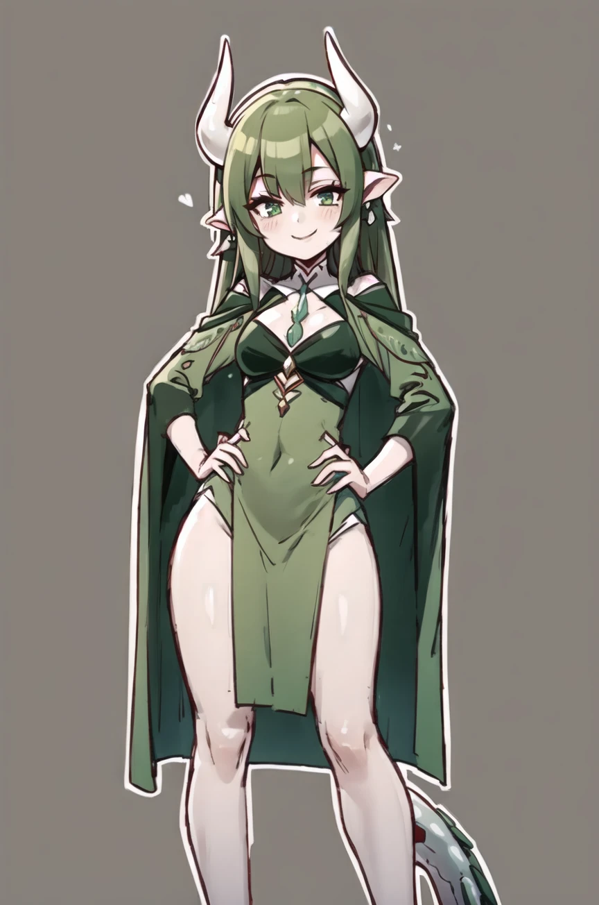 <lora:Verimeen__Character_LoRA_Artist__Kanel:1>, 1girl, masterpiece, best quality, (Verimeen), standing, black tunic, long tunic, looking at viewer, smile, hands on hips, simple background, white horn, green hair, long hair, dragon tail