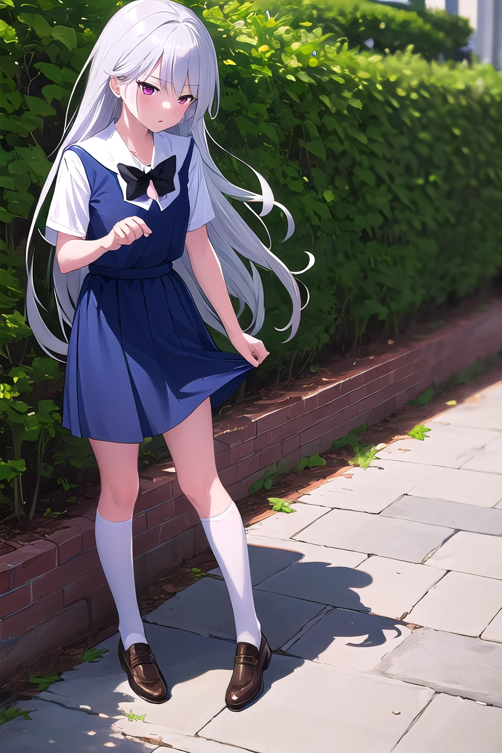 masterpiece, best quality, ultra-detailed, 1girl, kazami kazuki, silver hair,long hair, purple eyes, school uniform, black bow, white kneehighs, brown boots