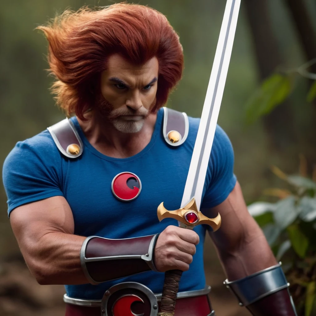 cinematic film still of <lora:liono thundercats:1>
liono thundercats a man with a red hair and a blue shirt holding a legendary Sword of Omens, shallow depth of field, vignette, highly detailed, high budget, bokeh, cinemascope, moody, epic, gorgeous, film grain, grainy