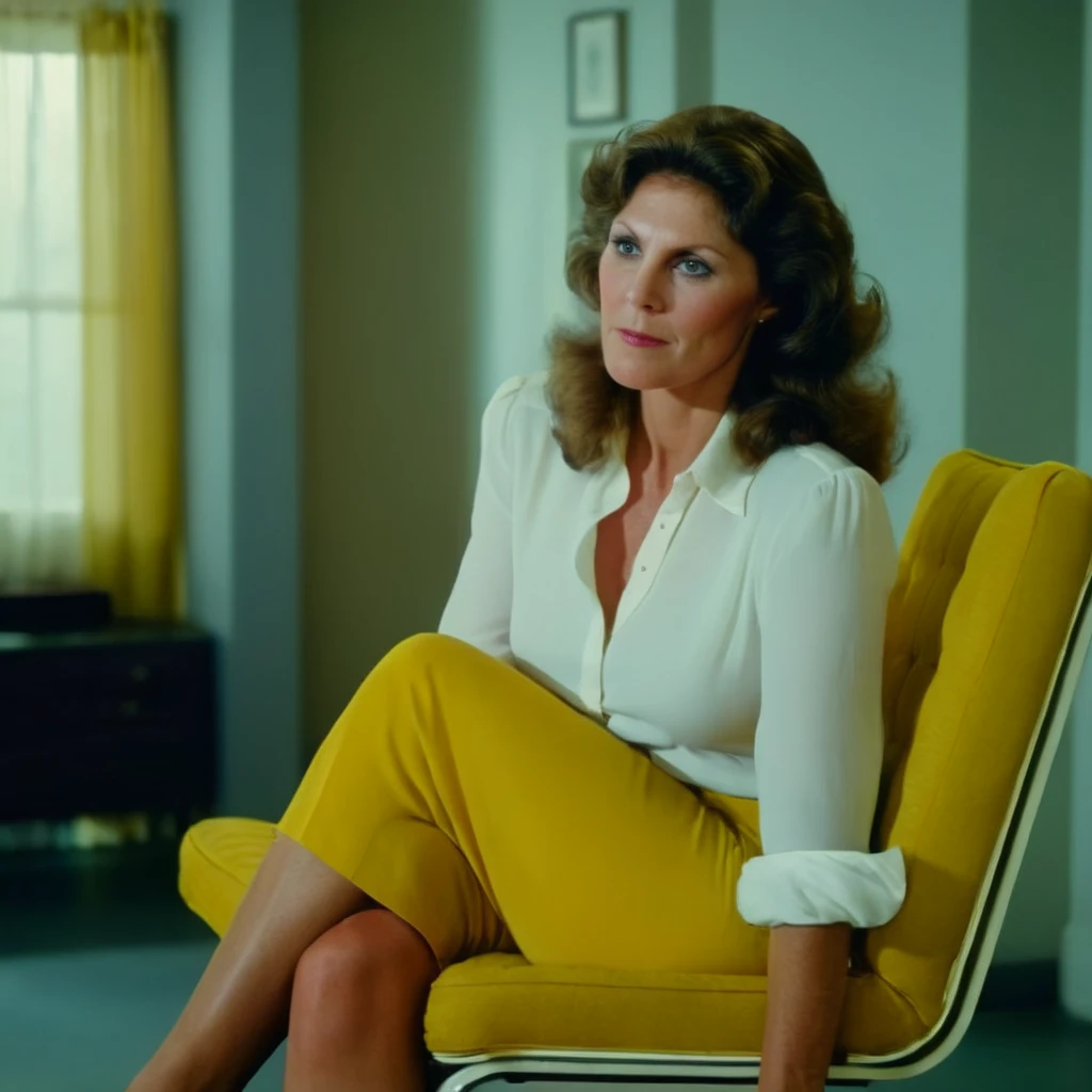 cinematic film still of <lora:Kay Parker:1> Kay Parker
<lora:cinematic vintage film:1>
a woman with a white shirt and a yellow chair cinematic vintage film style, shallow depth of field, vignette, highly detailed, high budget, bokeh, cinemascope, moody, epic, gorgeous, film grain, grainy