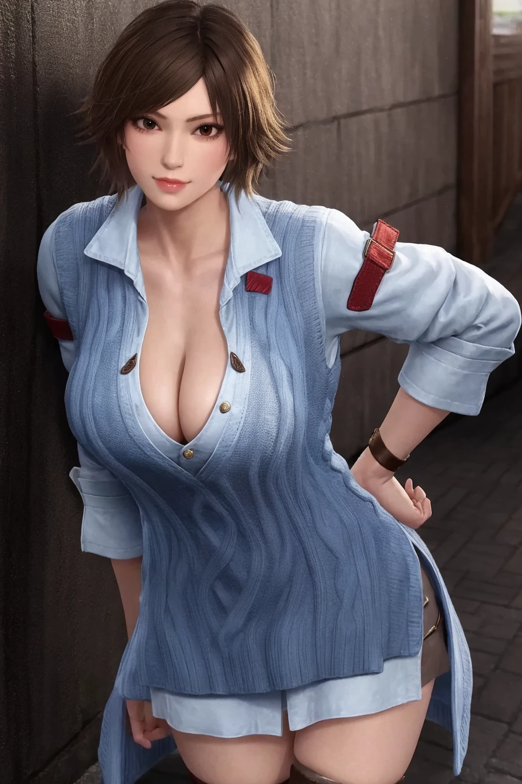 masterpiece, best quality, cleavage, kneehighs, brown hair, asuka, looking at viewer,  <lora:asuka-000018:0.6>