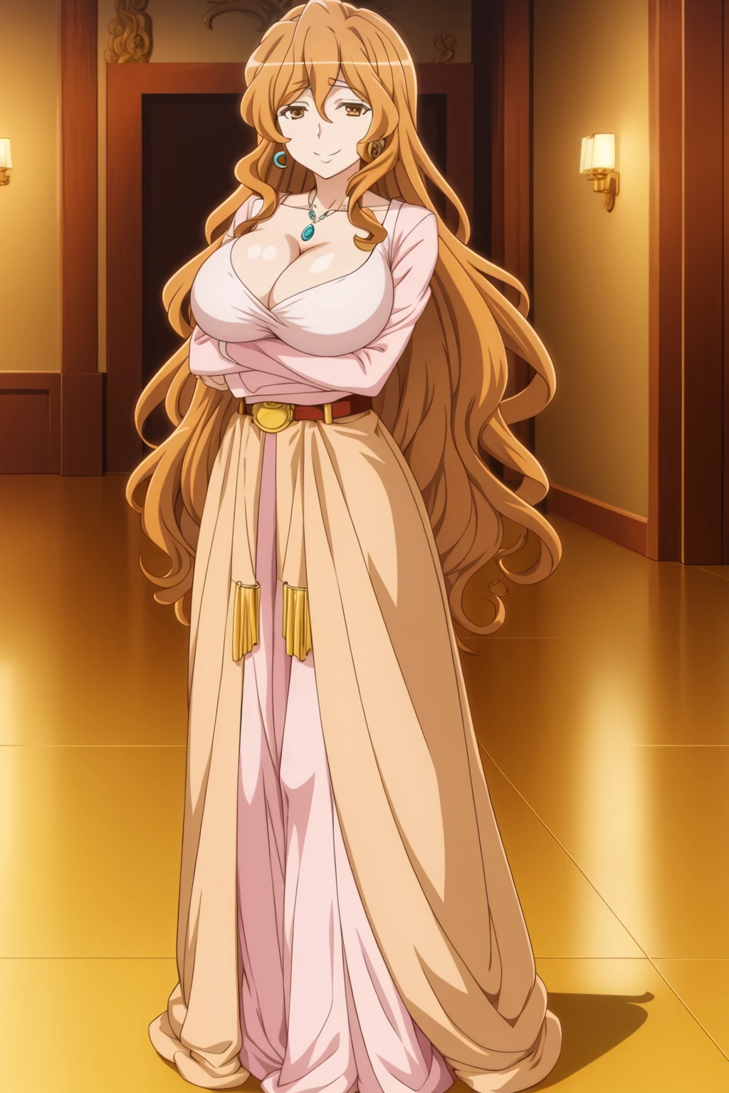 demeter, anime_art_style, 1girl, solo, long_hair, breasts, looking_at_viewer, smile, large_breasts, brown_hair, dress, cleavage, brown_eyes, jewelry, full_body, earrings, belt, own_hands_together, indoor