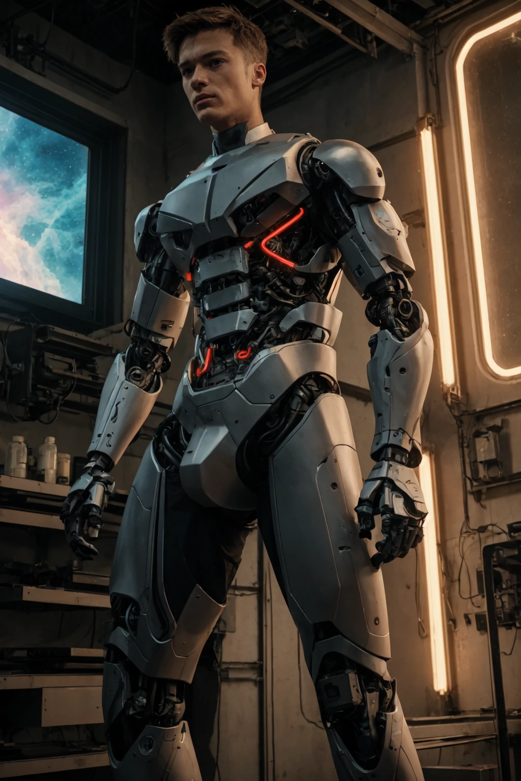 1boy, still, (a shirtless slender latin man with robotic arms and legs), (tan skin and tattoos), cyberpunk, wiring, sparks, repair shop, dutch angle, abs, pecs, (giant window looking out onto a nebula:1.1)