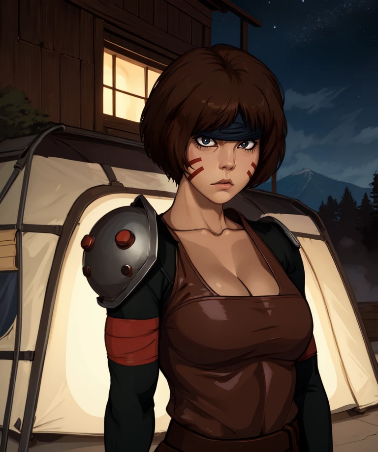 Smellerbee,brown hair,facial mark,black eyes,eyeliner,serious,
headband,brown leather top,single shoulder pad,red armband,toned,cleavage,
standing,
camp,night,
(insanely detailed, beautiful detailed face,beautiful detailed eyes, masterpiece, best quality),solo,<lora:Smellerbee-10-v9:0.7>,