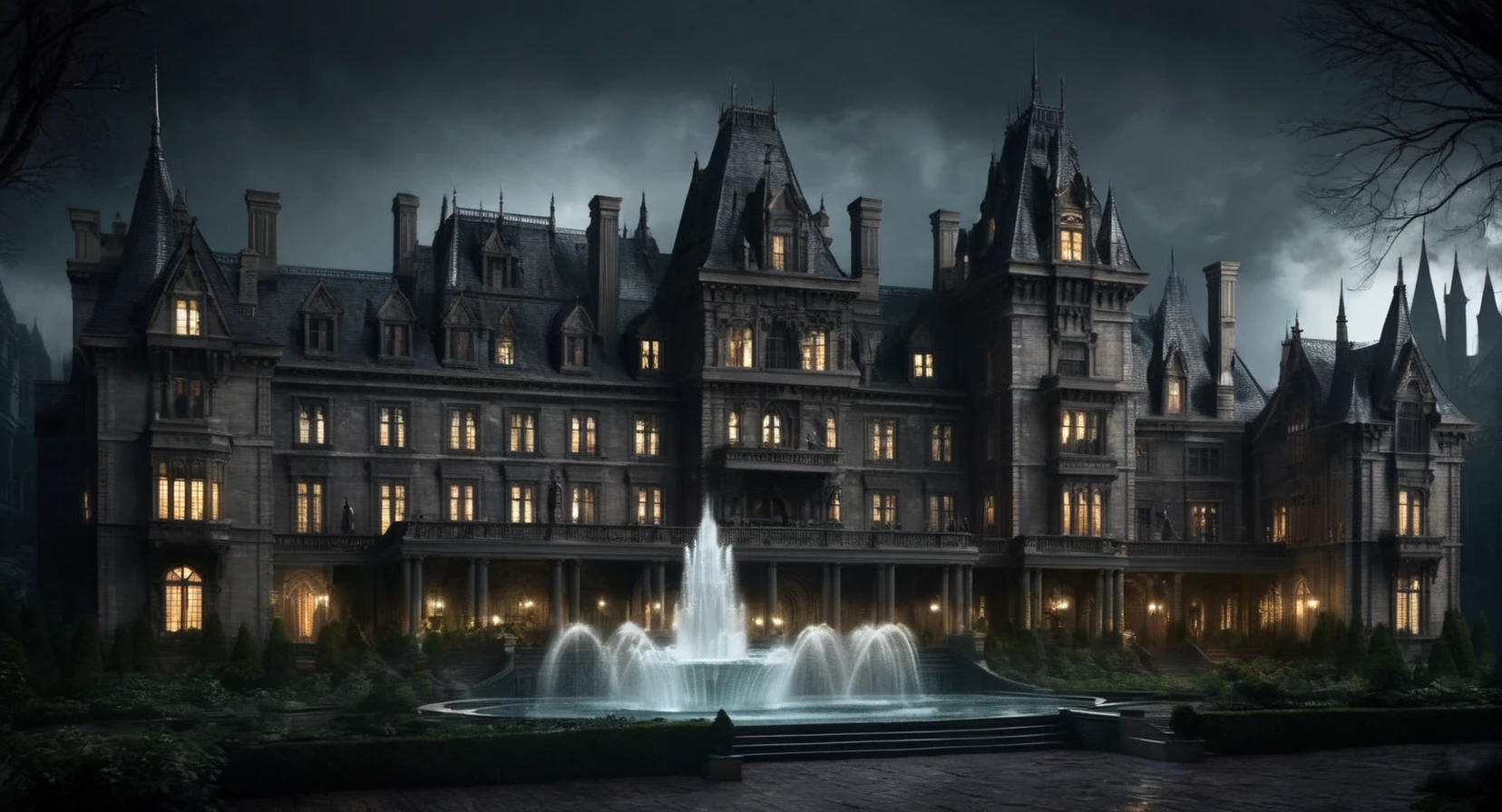 Dark Fantasy Art of <lora:Gotham City:1.2>
Gotham City Wayne Manor a large castle with a fountain in front of it, dark, moody, dark fantasy style