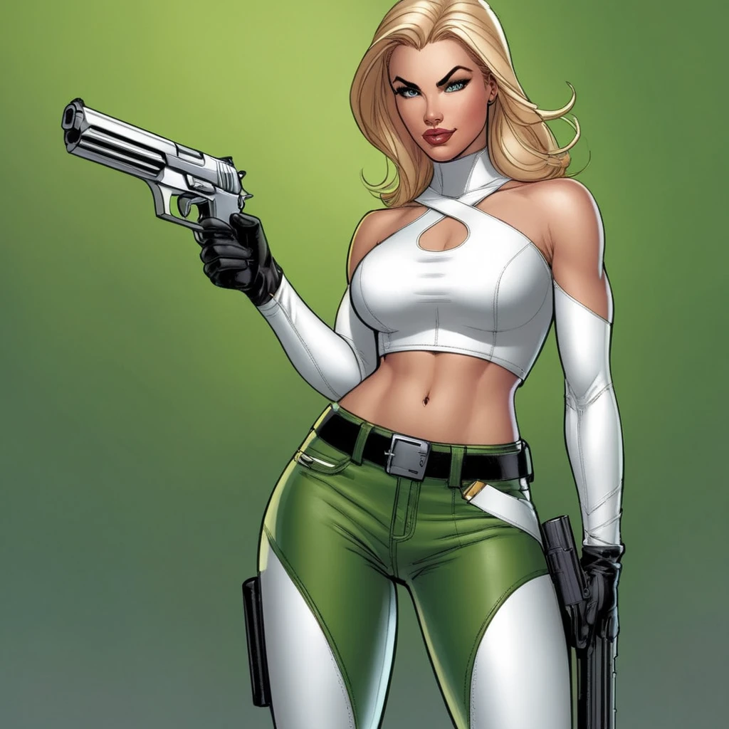 concept art of <lora:Danger Girl:1>
Danger Girl a naked big breasts blonde woman with super tight white crop top and green leather pants with a gun in her perfect hand
by J. Scott Campbell , digital artwork, illustrative, painterly, matte painting, highly detailed