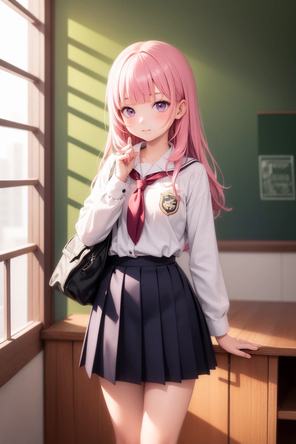 masterpiece, best quality, 1girl, pink hair, purple eyes, school uniform, blunt bangs, long hair, standing, closed mouth, indoors