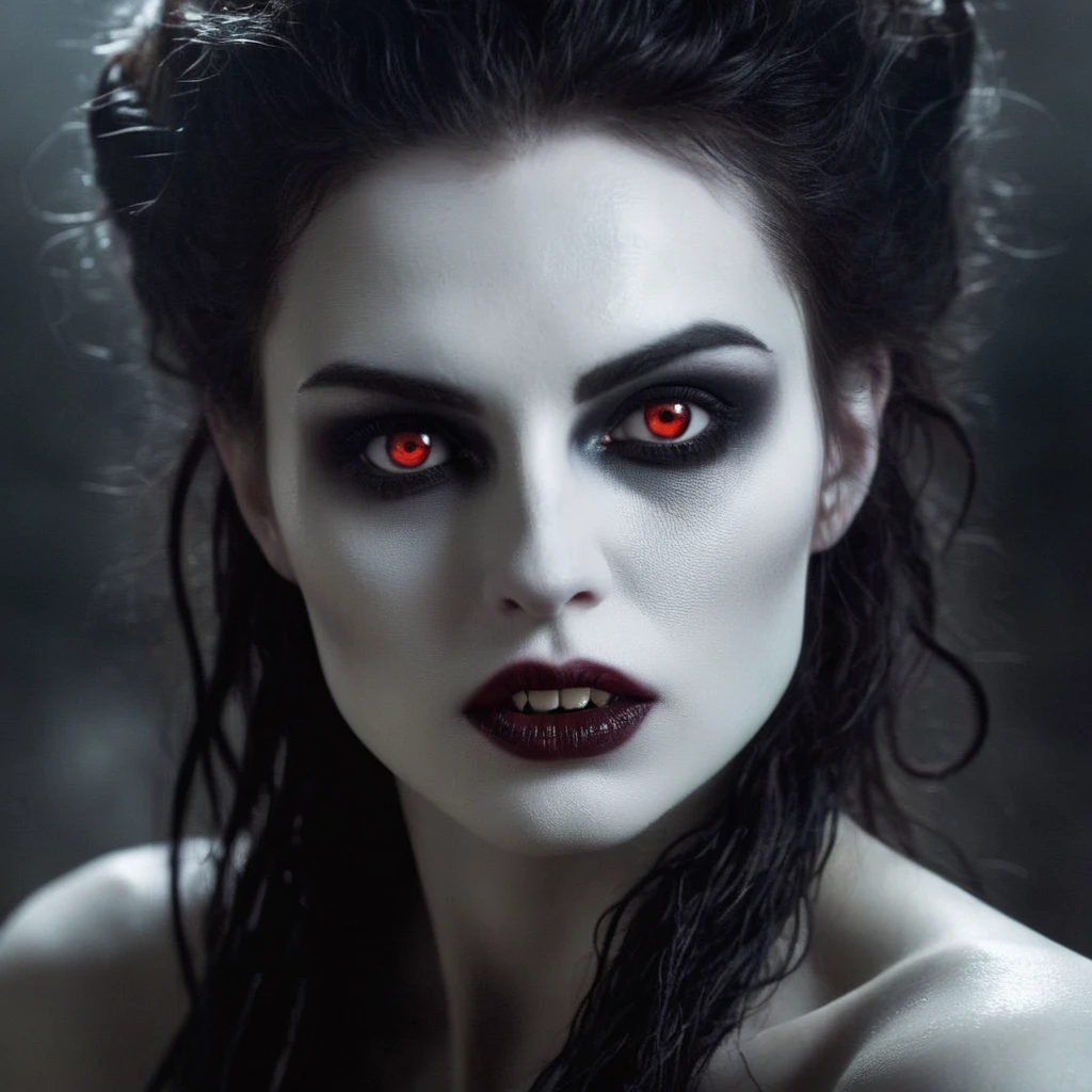 Dark Fantasy Art of  <lora:Female Vampire 2:1>
Female Vampire a naked pale skin ice cold vampire woman with a weird face and a weird messy hair and with a vampire makeup and big reflective eyes and vampire teeth in year 1897, dark, moody, dark fantasy style