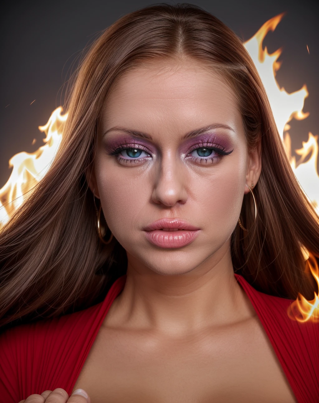 cinematic photo <lora:quiron_StacySilver_v1_Lora:0.67> StacySilverQuiron woman, a 28 years old woman, (blonde hair), (fantasy fire queen with hair made of fire walking through a raging inferno), (she has magical red eyes), (background is filled with magical flames surrounding her), (background flames swirl all around her), (magical flames surround her and fill the background), (she walks through the flames untouched), (her hair becomes magical fire), (her red hair blends blends into the fire surrounding her), (her dress has glowing red runic patterns on), (she is facing forward), (wide angle shot), (wide angle lens), (It's a wide angle shot showing the full scene), (vibrant colours), (natural unedited skin tones, pores are clearly defined, skin is smooth but flaws are visible and not retouched, capillaries visible across the cheeks and nose, natural skin variations are apparent with slightly more redness around nostrils, dryness across forehead, no filters or digital smoothing used, skin oiliness depicted with highlights on nose and chin, creases and wrinkles increased around eyes and mouth, photographic skin imperfections exactly as they appear, do not idealize or enhance, disregard commercial standards of beauty and blemish-free complexion, emphasize the realism and detailed nuances that comprise authentic natural human skin), (detailed visible pores and imperfections on her skin), (wearing dark eye shadow and eyeliner makeup:1.3), (fantasy), (surreal), (wide angle shot), (wide angle lens), photo realistic eyes), (macro detailed eyes), (sharp detailed eyes), (ultra detailed eyes), (photo realistic skin), (macro detailed skin), (macro detailed skin pores), sharp detailed skin, (ultra detailed skin), UHD, HDR, cinematic, intricate details, luxurious atmosphere, ultra-detailed, 32K, 8K, stunning image, IMAX, intricate, low aperture (f1.2), ultra-detailed, stunning image, award winning photography, meticulous detail, 70mm, ISO 50,., realistic, a woman Disc golf wearing Cowl neck sweater and Gaucho pants: Wide-legged, calf-length pants with a flowing silhouette., . 35mm photograph, film, bokeh, professional, 4k, highly detailed