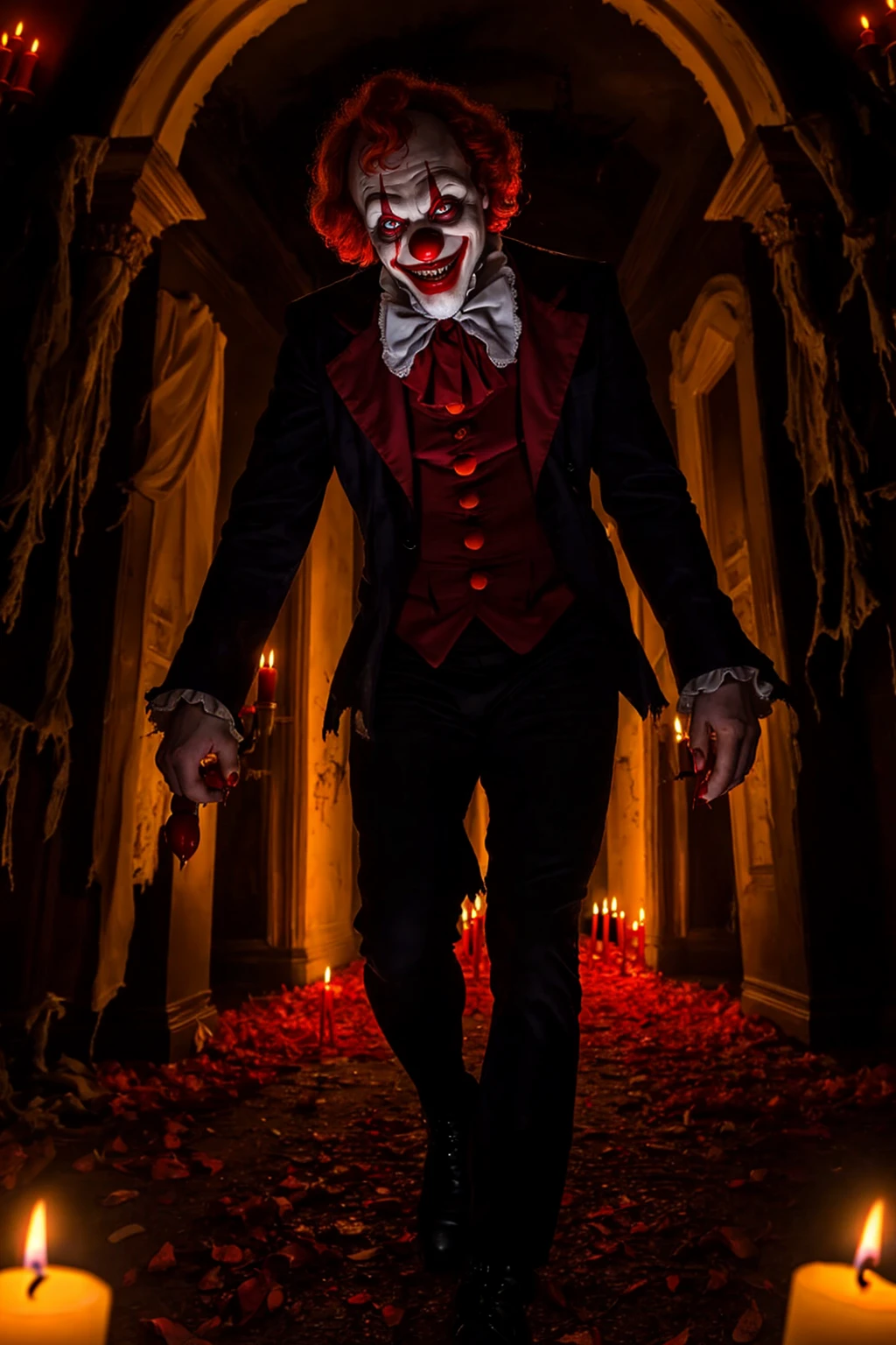 (solo, male, dynamic angle), still from a horror movie of a clown, walking toward viewer, blood running from eyes, torn clown pants, red eyes, (sinister atmosphere, haunted mansion, candlelight, twisted, suggestive),