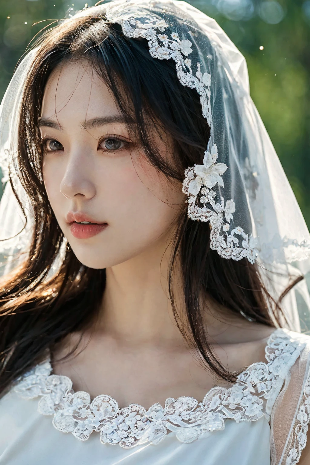 adult lady, posing to viewer, solo:1, pov, long hair, upper body, ((close shot)), simple background, white wedding lace dress,