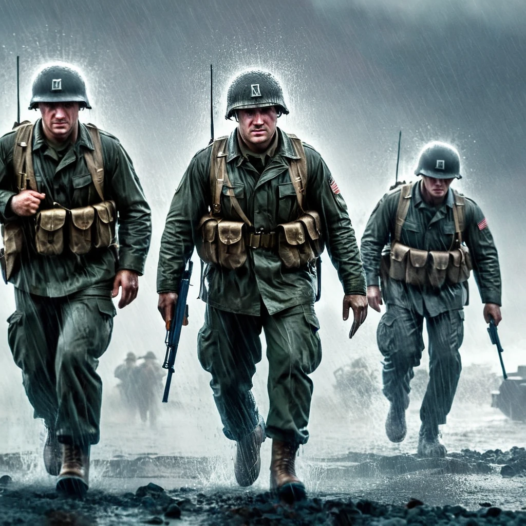 concept art of two us soldiers in the rain storm with helmets on Saving Private Ryan Cinematic Film Style
<lora:Saving Private Ryan Cinematic Film Style:1>
<lora:PerfectEyesXL:1> <lora:lora6:1>
<lora:perfect hands:1>
perfect hands, digital artwork, illustrative, painterly, matte painting, highly detailed