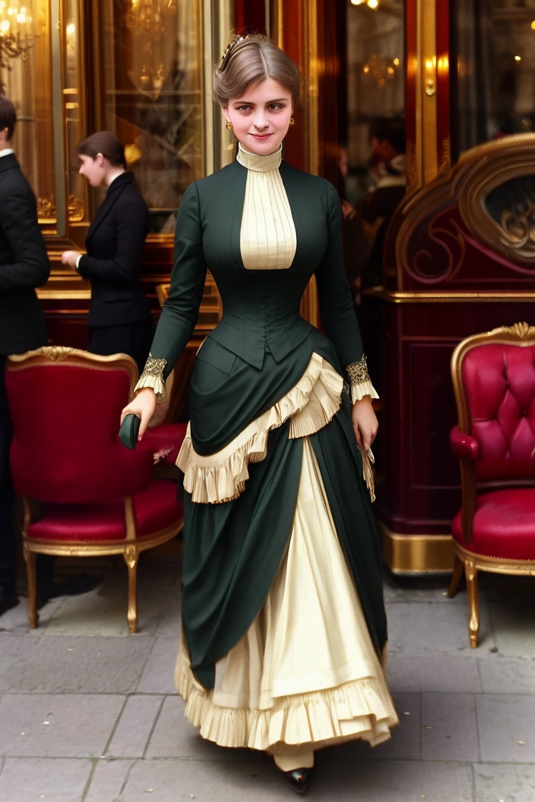 masterpiece, uhd, sharp color  photo of a pretty lady wearing a high-neck layered dress, with a hit on, at a Parisian cafe 1880_dr3ss <lora:1880_dress_v1:1>
