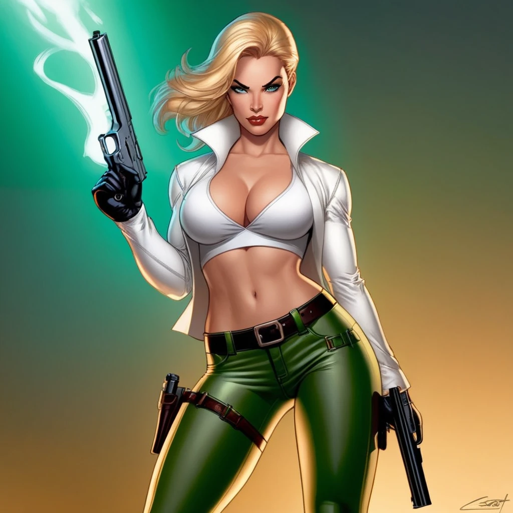 concept art of <lora:Danger Girl:1>
Danger Girl a naked big breasts blonde woman with white shirt and green leather pants with a gun in her perfect hand
by J. Scott Campbell , digital artwork, illustrative, painterly, matte painting, highly detailed
