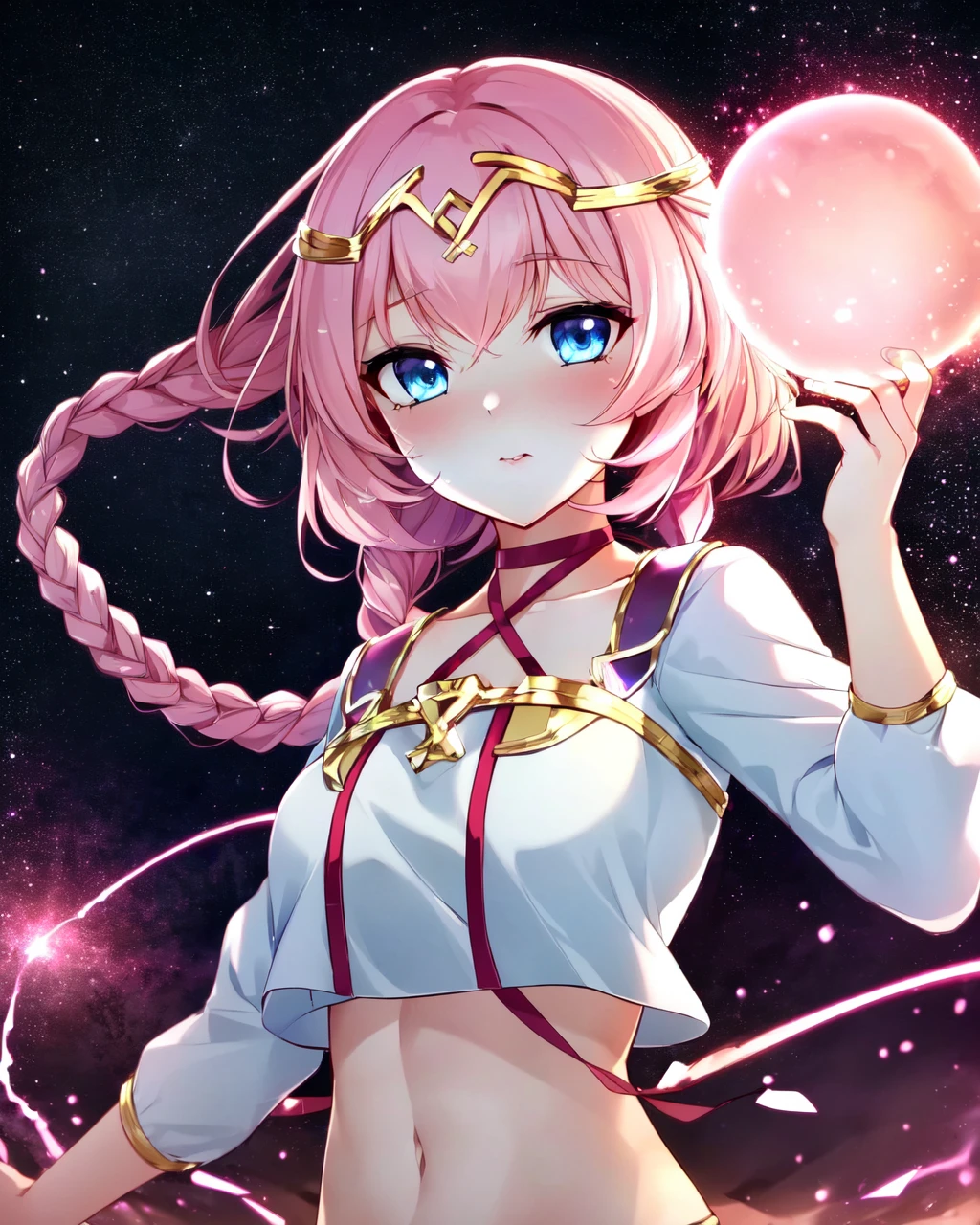 <lora:e7 Tenebria2:0.85> e7 Tenebria, long twin braids,
holding a pink orb of light, surrounded by a pink light, pink aura, power surge, stary night sky, (masterpiece), best quality, highres, 4k, 8k, Detailed Illustration, intricate detail, cinematic lighting, amazing quality, 1girl, fit female, amazing shading, soft lighting, facing camera, perfect eyes