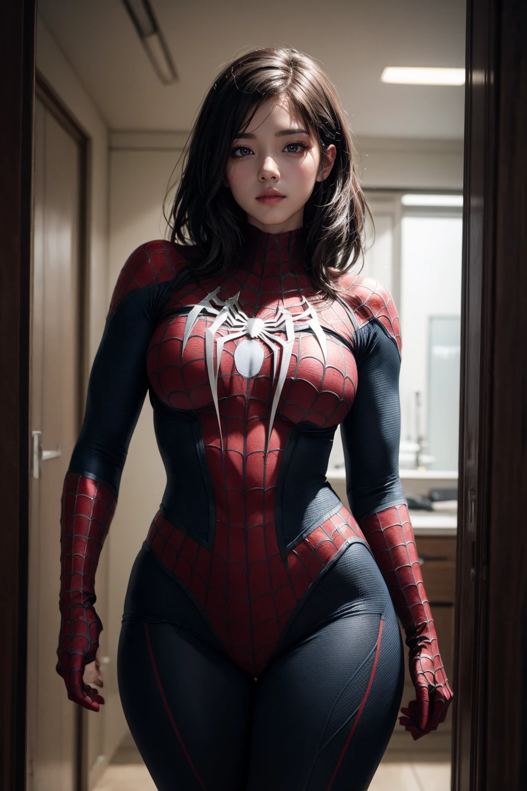 masterpiece, ultra realistic, 32k, extremely detailed CG unity 8k wallpaper, best quality
(8k, RAW photo, best quality, masterpiece:1.2), (realistic, photo-realistic:1.4), ultra-detailed, perfect detail, (extremely intricate detail), extremely delicate and beautiful, make up, dark room, dimly lit, rim lighting, dimly lit, beautiful and aesthetic, (pretty, pale skin, amazing), looking at viewer, ((1girl, 1boy)), dynamic pose, large breasts, shiny skin, red lips, crotch, legs, (narrow waist:1.2), (comic book character costume, iconic outfit, superhero/villain convention) [æ¼«ç»è§è²æ, æ å¿æ§æè£, è¶çº§è±é/æ¶æ£å¤§ä¼], <lora:hairdetailerï¼ç»èå¤´åï¼:1> <lora:more_details:0.6>
(spider-man,  suit))) <lora:TLV1-000002:0.8>
((curvy hair)), (masterpiece,best quality:1.5)