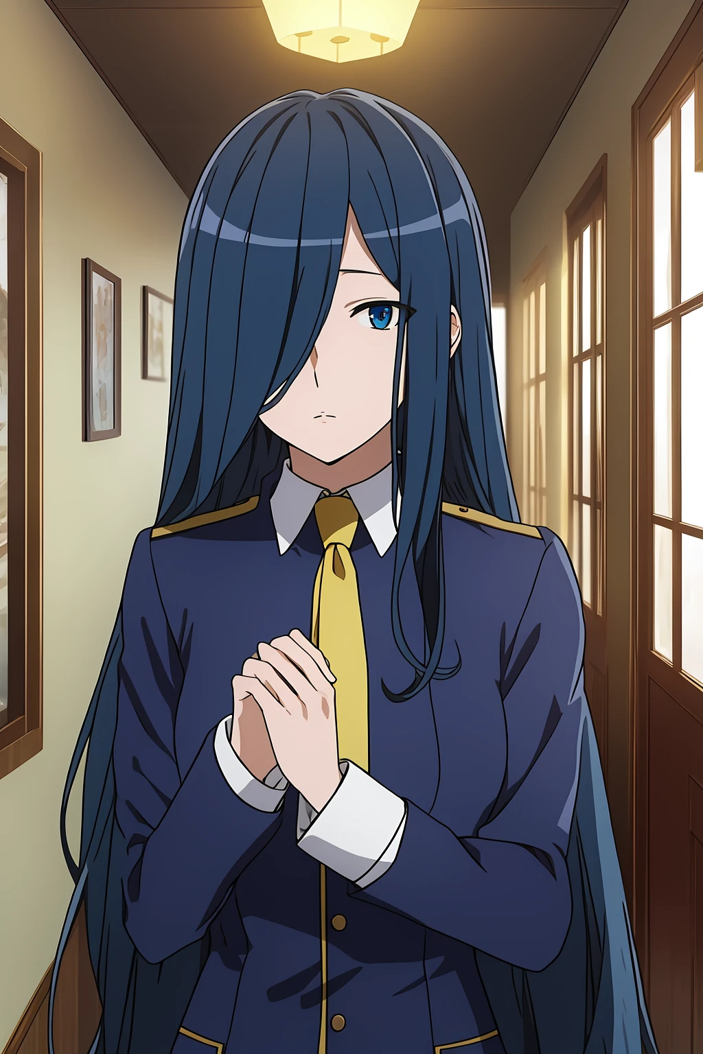 cassandra, anime_art_style, 1girl, solo, long_hair, looking_at_viewer, blue_eyes, black_hair, long_sleeves, very_long_hair, school_uniform, green_eyes, blue_hair, upper_body, necktie, indoors, hair_over_one_eye, window, own_hands_together, hands_on_own_chest, yellow_necktie, hallway