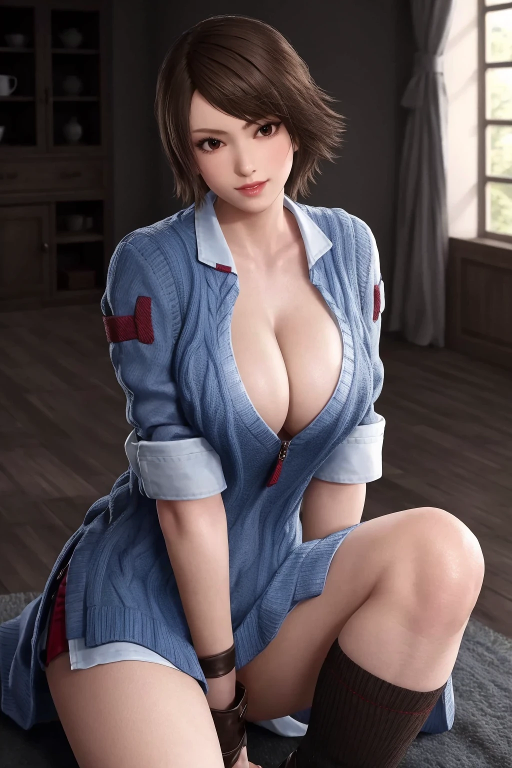 masterpiece, best quality, cleavage, kneehighs, brown hair, asuka, looking at viewer,  <lora:asuka-000018:0.6>