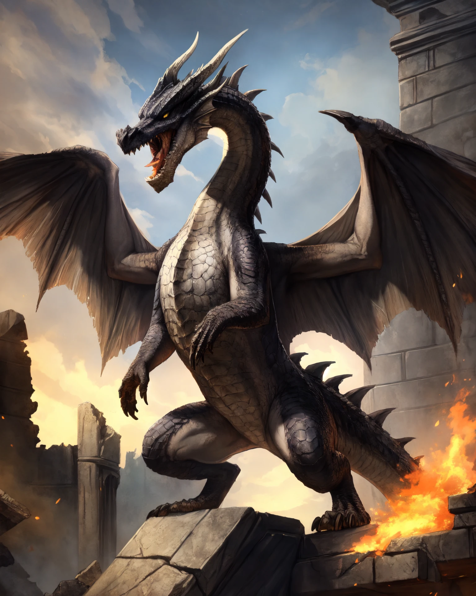 (feral),(fatalis),solo,hi res,soft shading,good anatomy,tail,cinematic lighting,by seraziel,by woolrool,buta99,detailed background,realistic,ruins,yellow eyes,black sclera,standing on hind legs,wings,fire,open mouth,