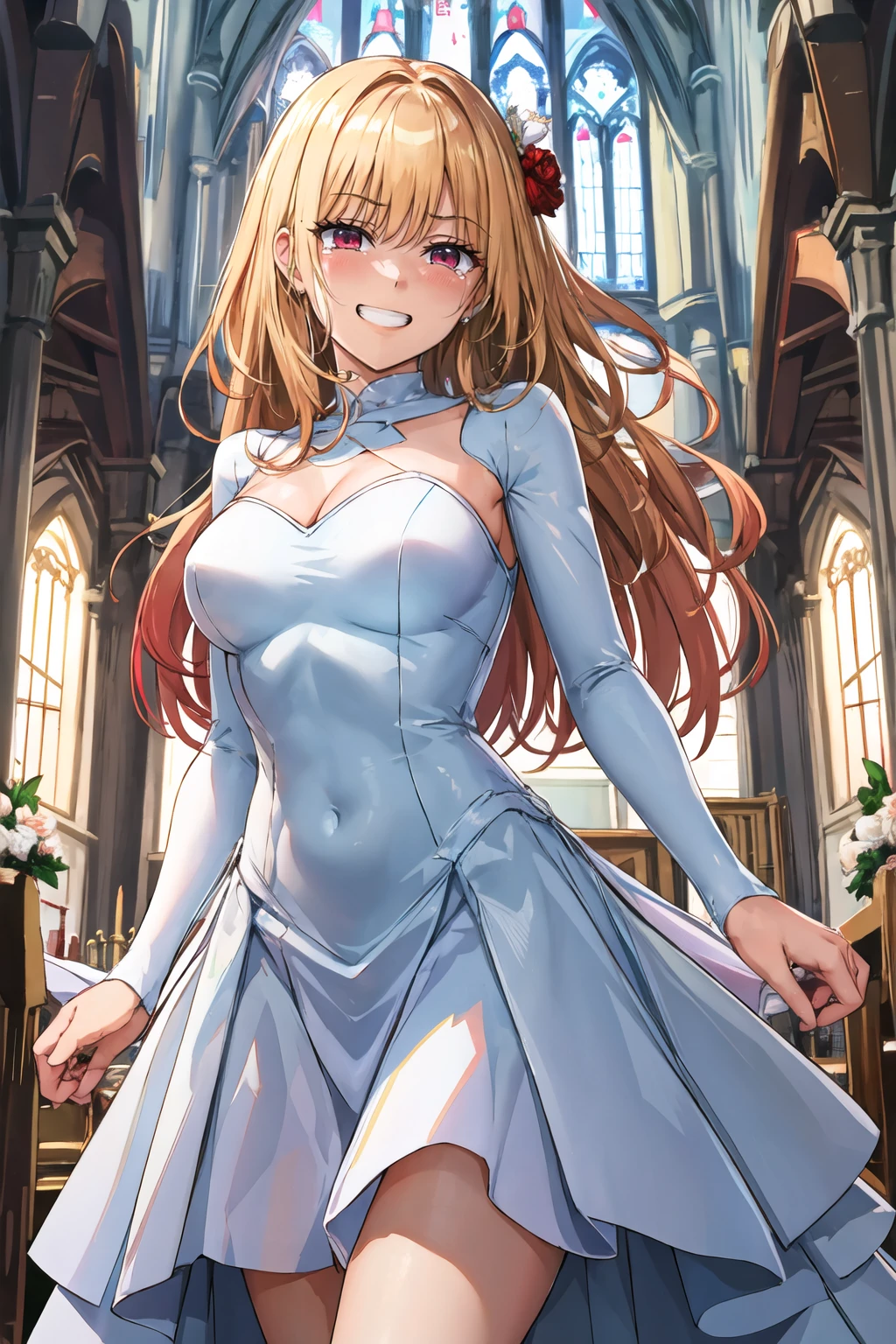 masterpiece, best quality, highres, kitagawa marin, 1girl, blonde hair, long hair, multicolored hair, red eyes, wedding dress, in a chapel, dynamic lights, <lora:kitagawa_marin_v1-1:0.7>, grin, smile, joy, tears in eyes, standing, cowboy shot, <lora:Misaka120003-Style:1>