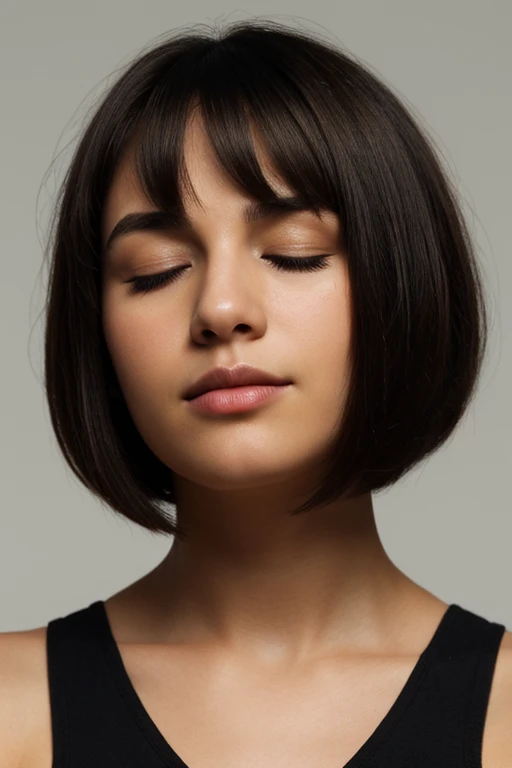 face closeup,closed eyes,beautiful girl,brunette,short hair,curly bob cut,dark theme, detailed skin, empty background