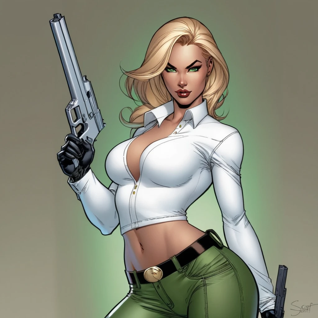 concept art of <lora:Danger Girl:1>
Danger Girl a naked big breasts blonde woman with super tight white shirt and green leather pants with a gun in her perfect hand
by J. Scott Campbell , digital artwork, illustrative, painterly, matte painting, highly detailed