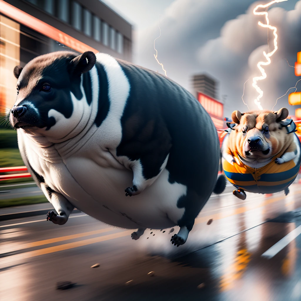 <lora:Super_speed_running_V2-10:0.6> super_speed, running, lighting, light trails, (motion blur), <lora:Round_animal-10:0.8> round animal, no human, ((2 fat animals chasing)), multiple animals