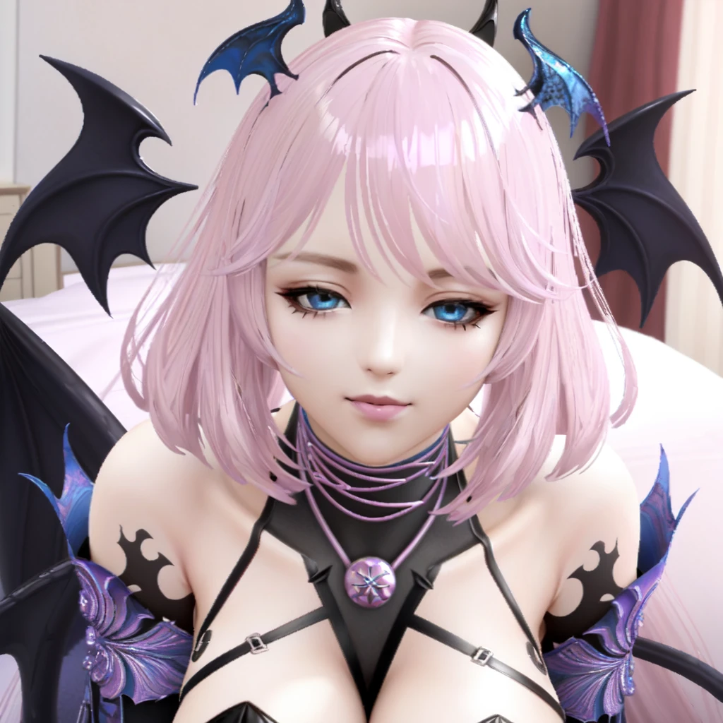 masterpiece, higres, best quality, bedroom, Selren_(vindictus), 1girl, solo, looking at viewer, blue eyes, thighhighs, tail, pink hair, wings, bat wings, demon tail, smile, <lora:Selren1_lora:0.7> incoming kiss, kiss, looking at viewer, eyes half closed, upper body, close view,