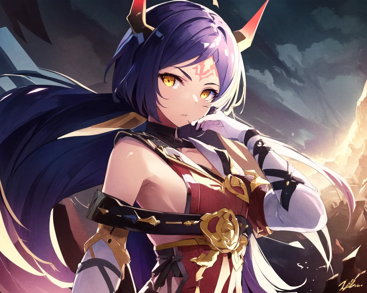 <lora:e7 ARavi:0.95> e7 ARavi, yellow eyes, flat chest, (masterpiece), best quality, highres, 4k, 8k, Detailed Illustration, intricate detail, cinematic lighting, amazing quality, 1girl, fit female, amazing shading, soft lighting, facing camera, perfect eyes