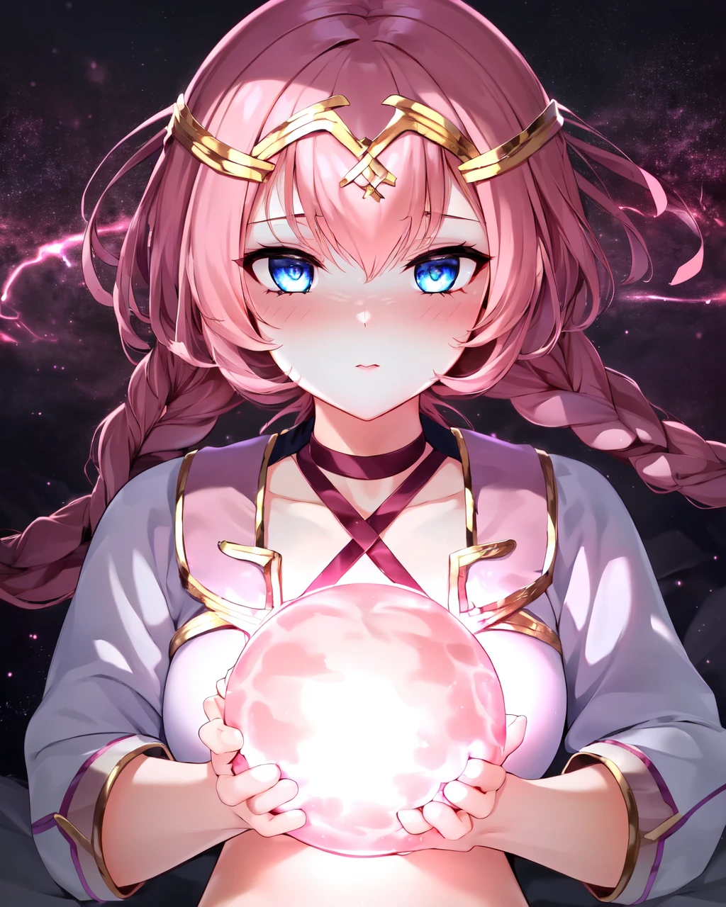 <lora:e7 Tenebria2:0.85> e7 Tenebria, long twin braids,
holding a pink orb of light, surrounded by a pink light, pink aura, power surge, stary night sky, (masterpiece), best quality, highres, 4k, 8k, Detailed Illustration, intricate detail, cinematic lighting, amazing quality, 1girl, fit female, amazing shading, soft lighting, facing camera, perfect eyes