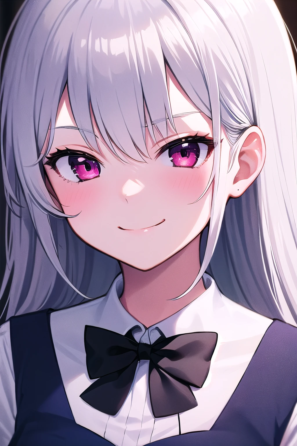 masterpiece, best quality, ultra-detailed, 1girl, kazami kazuki, silver hair, long hair, purple eyes, school uniform, black bow, closeup, smug smile