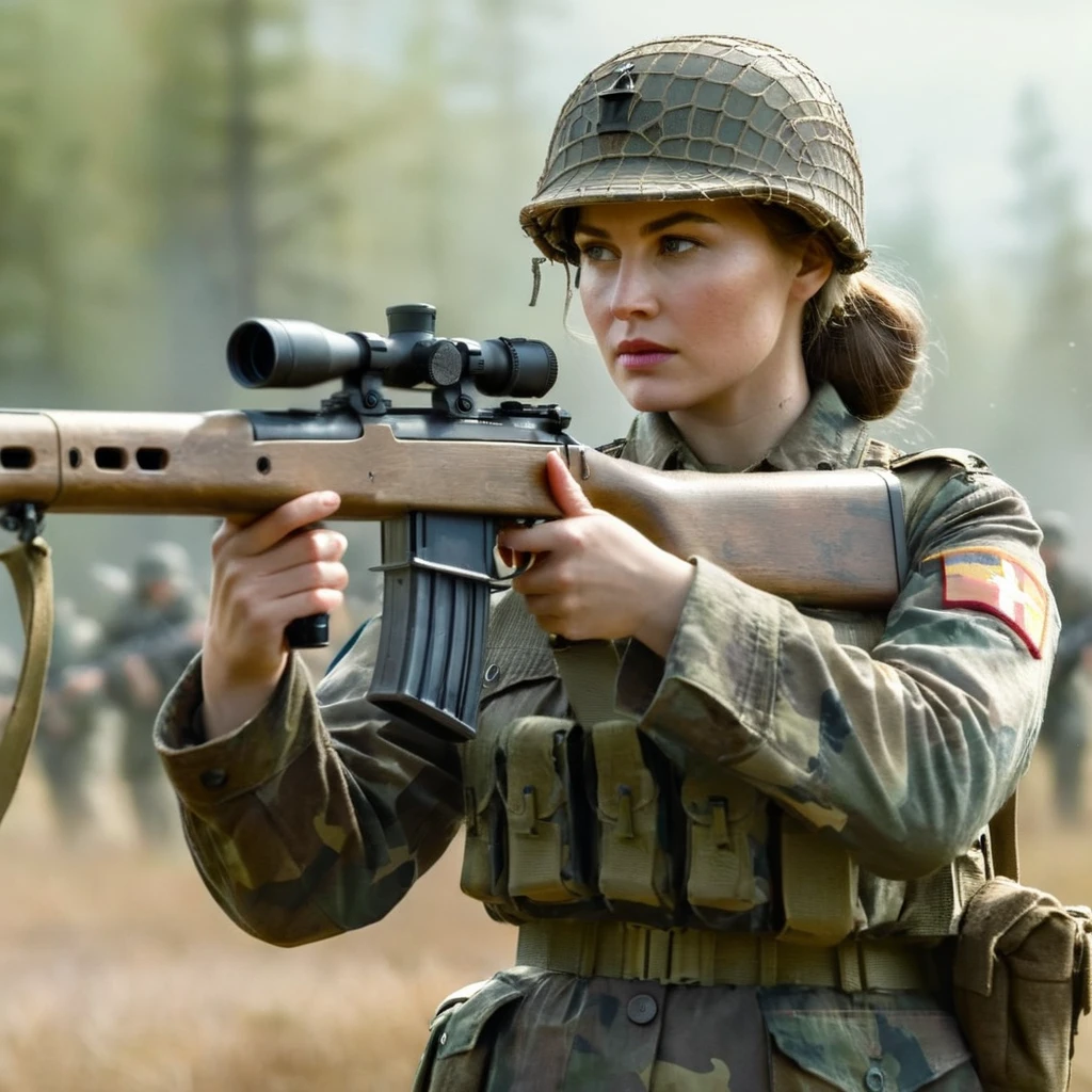 concept art of a woman in a camouflage outfit holding a rifle and sticky booms Saving Private Ryan Cinematic Film Style
<lora:Saving Private Ryan Cinematic Film Style:1>
<lora:PerfectEyesXL:1> <lora:lora6:1>
<lora:perfect hands:1>
perfect hands, digital artwork, illustrative, painterly, matte painting, highly detailed
