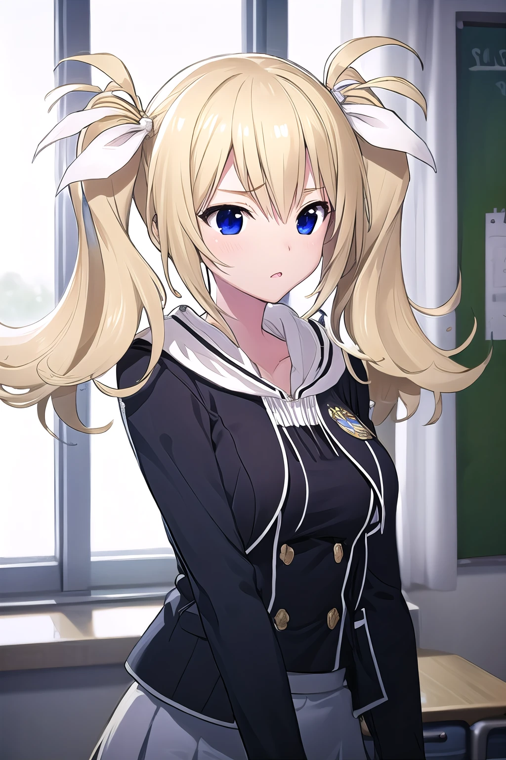 masterpiece, best quality, ultra-detailed, 1girl, Arimura, blonde hair, blue eyes, hair ribbon, white ribbon, school uniform, black skirt