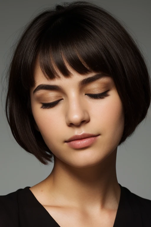 face closeup,closed eyes,beautiful girl,brunette,short hair,curly bob cut,dark theme, detailed skin, empty background