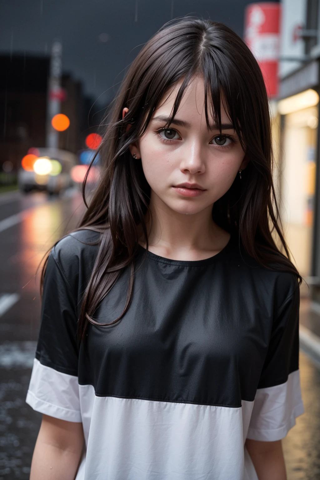 (dynamic angle:1.1), (cute face:1.2), dark sky, (nighttime:1.2), (rainy weather:1.2), detailed skin texture, photo of angry girl in the street, looking to the side, wet hair, volumetric light, masterpiece, best quality, intricate details, subsurface scattering