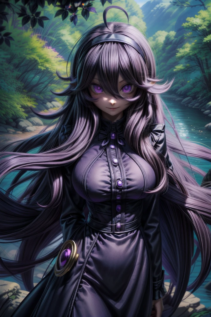(extremely detailed:1.3), (masterpiece:1.3), illustration, Intricate illumination, Fine shadows,  sharp focus, ((best quality)), 
<lora:GoodHands-beta2:0.8>, highres, 1girl, (solo:1.2), (looking at viewer:1.5), (upper body:1.5), (walking:1.2), (cowboy shot:1.5), (masterpiece:1.3), (best quality:1.3), (perfect anatomy:1.4), highly detailed, (secluded river scenery:1.2), (sunlight through trees:1.3), daylight,natural rock formations, nature,, <lora:Hex Maniac [h_madoka - v1.0]:0.7> aahex, hex maniac \(pokemon\), long hair, ahoge, purple hairband, purple eyes, @_@, huge breasts, long dress, black dress, long sleeves, <lora:Maenoo [MockAI - v1.0]:0.8> semi-realistic artstyle, vibrant, soft shading, expressive  <lora:add_detail:0.8> <lora:hairdetailer:0.8>