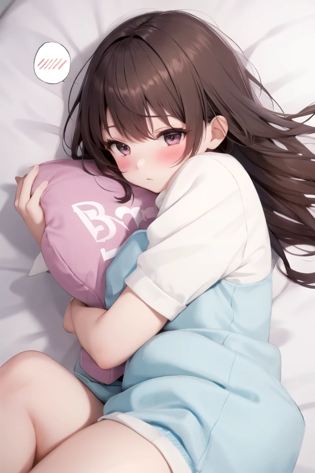 masterpiece, best quality, absurdres, extremely detailed, illustration, cute, perfect lighting, 1girl, solo, <lora:pillow_v3-000010:1>, pillow hug, on bed, spoken blush, lying, from side