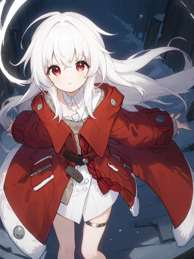 <lora:xl_kelala girl2-000012:1>,kelala girl,white hair,Red eyes,red Coatventure\(clothing)\,