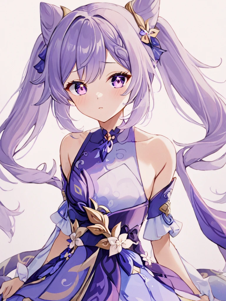keqing (genshin impact),purple eyes,purple hair,twintails,hair ornament,bare shoulders,dress,hair bun,detached sleeves,<lora:keqing3:1>,