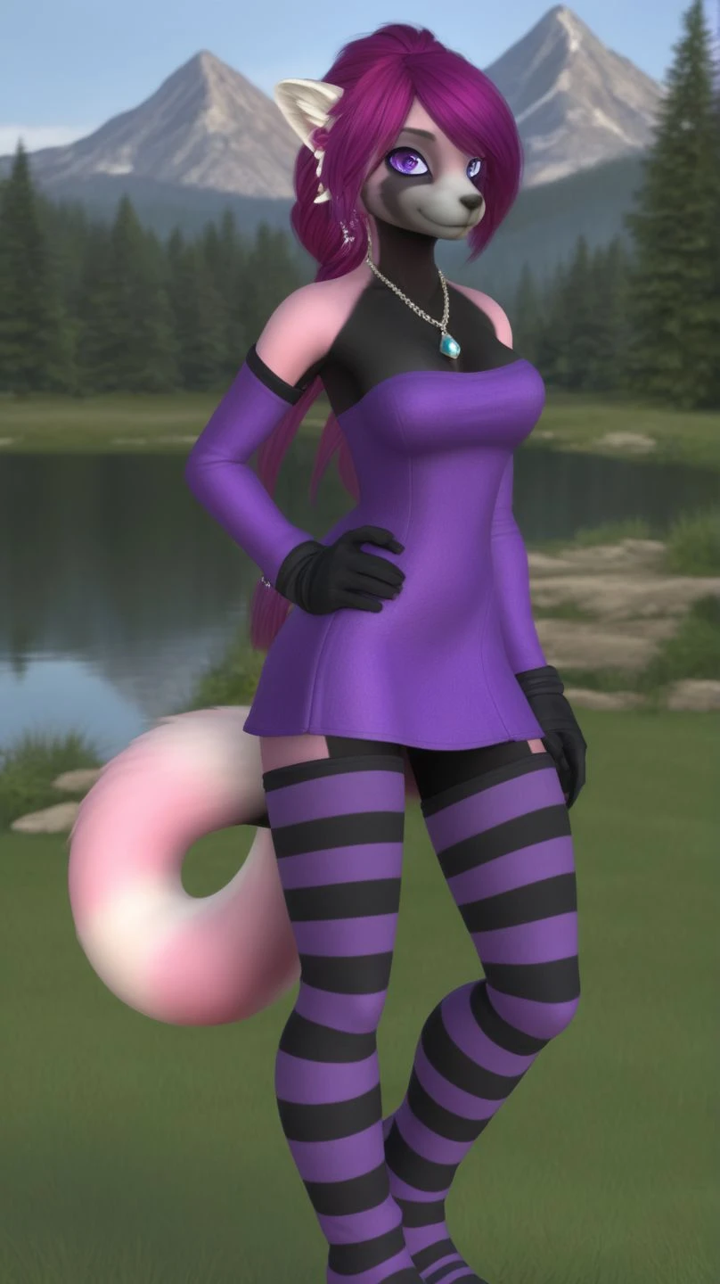 (best quality),(highly detailed),masterpiece,detailed face,beautiful face,(detailed eyes, deep eyes),(1girl:1.33, solo),full body,very long hair,earrings,(grin:0.9),navel,purple elbow gloves,purple thighboots,breasts,necklace,side ponytail,jewelry,belt,thighhighs,ponytail,standing,campground,campfire,grass,tent,pond,small head,adult body,<lora:Marusame_OC_Character-000009:1>,dress,