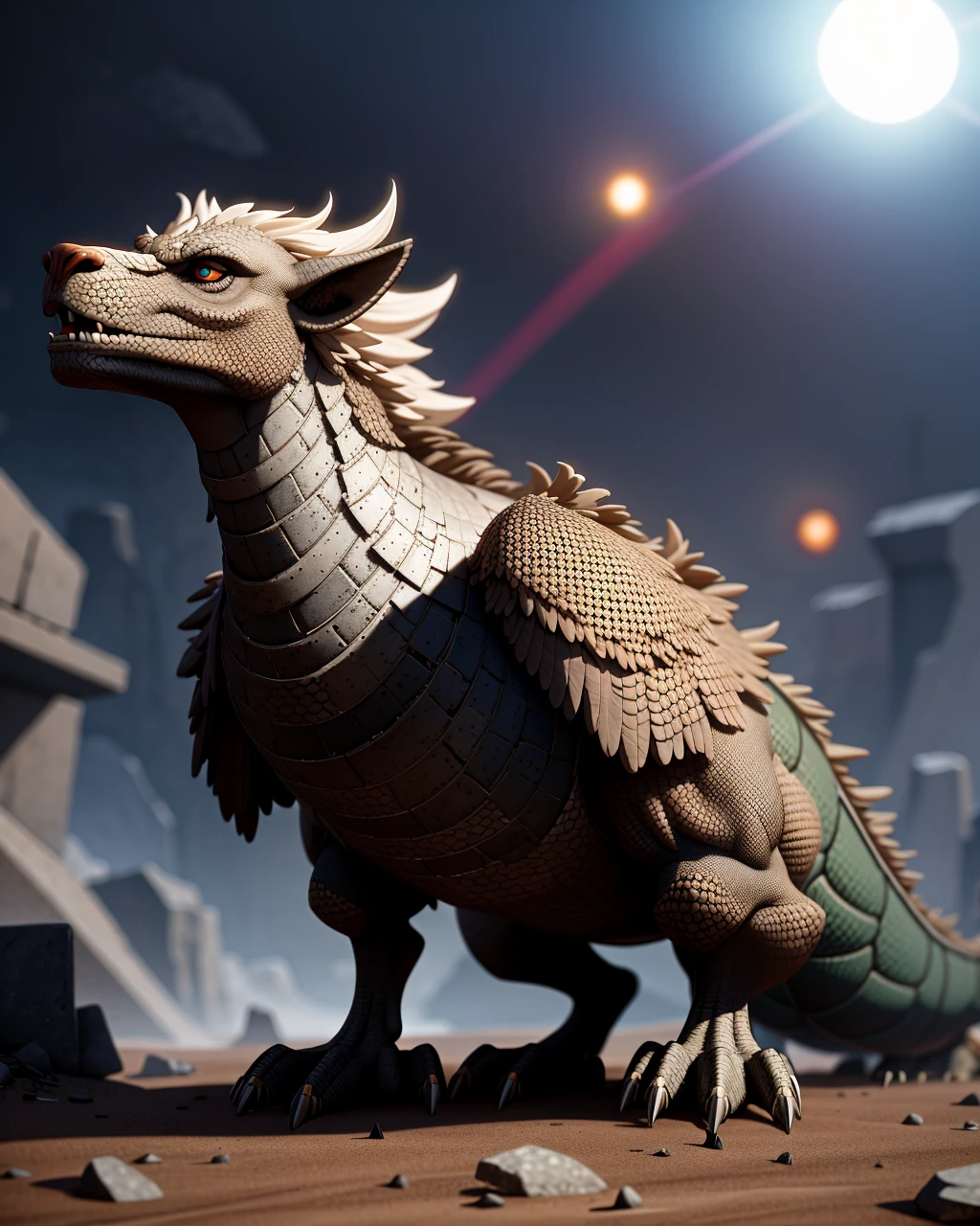 ((masterpiece), best quality, high quality, professional quality, highly detailed, highres, perfect lighting, natural lighting), time-bending, desolate post-apocalyptic wasteland, A world rich in exotic minerals and rare elements, attracting prospectors and miners from across the galaxy., Dyson Sphere, dragon, hippogriff, griffin, perfecteyes eyes, <lora:lora_perfecteyes_v1_from_v1_160:1>